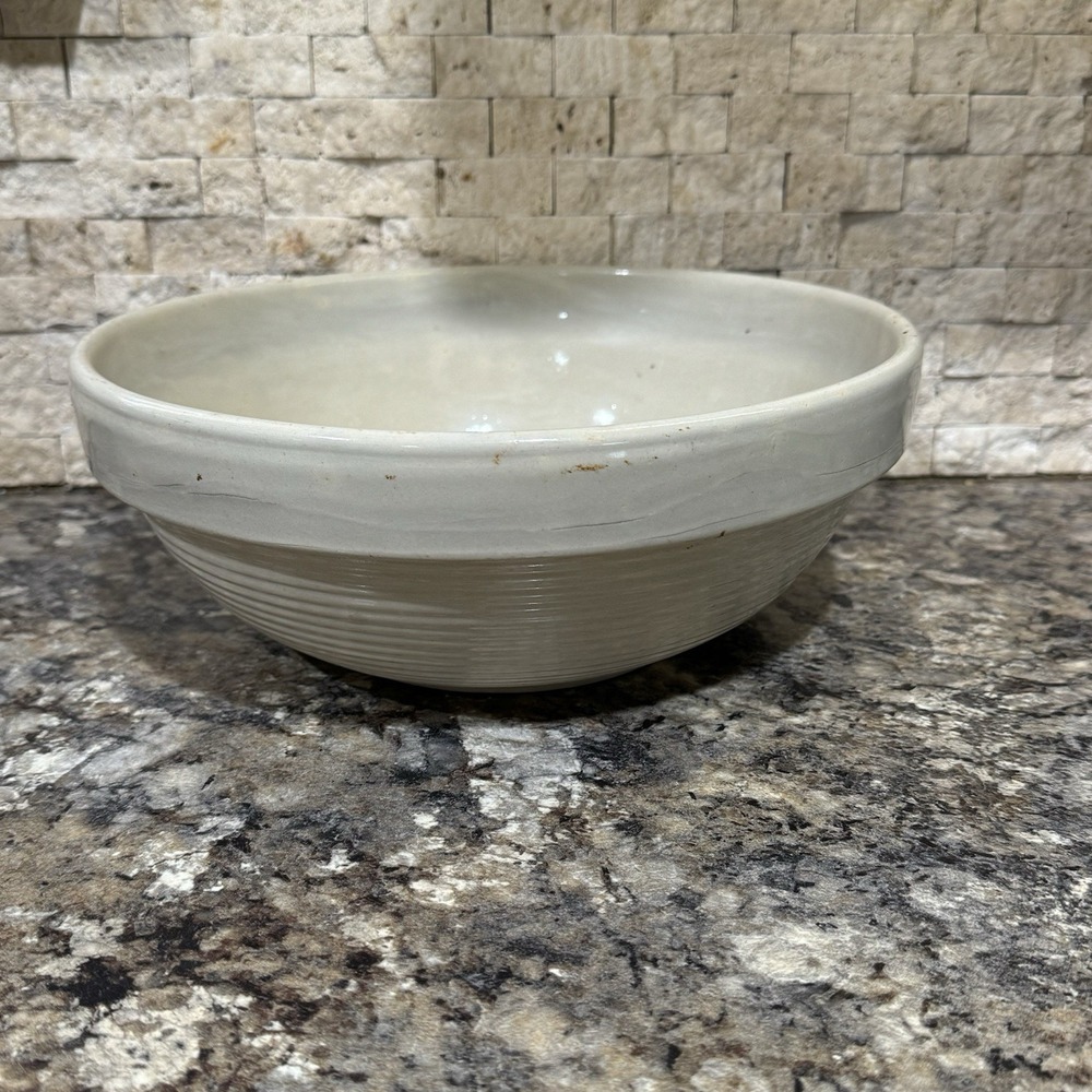 Vintage Stoneware Crock Yellow Ware White Ring Ware Mixing Bowl 10.5" diameter